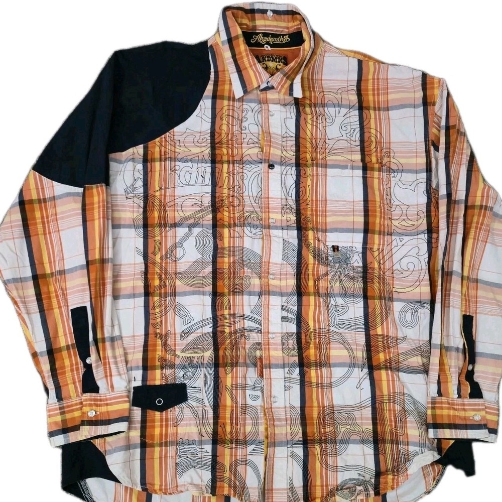Akademiks Button Down Shirt Plaid Embroidered Men's 2XL Blue Orange Clean HipHop